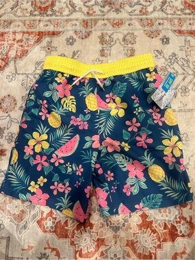 Kids Floral Pineapple Swim Trunks with Yellow Waistband